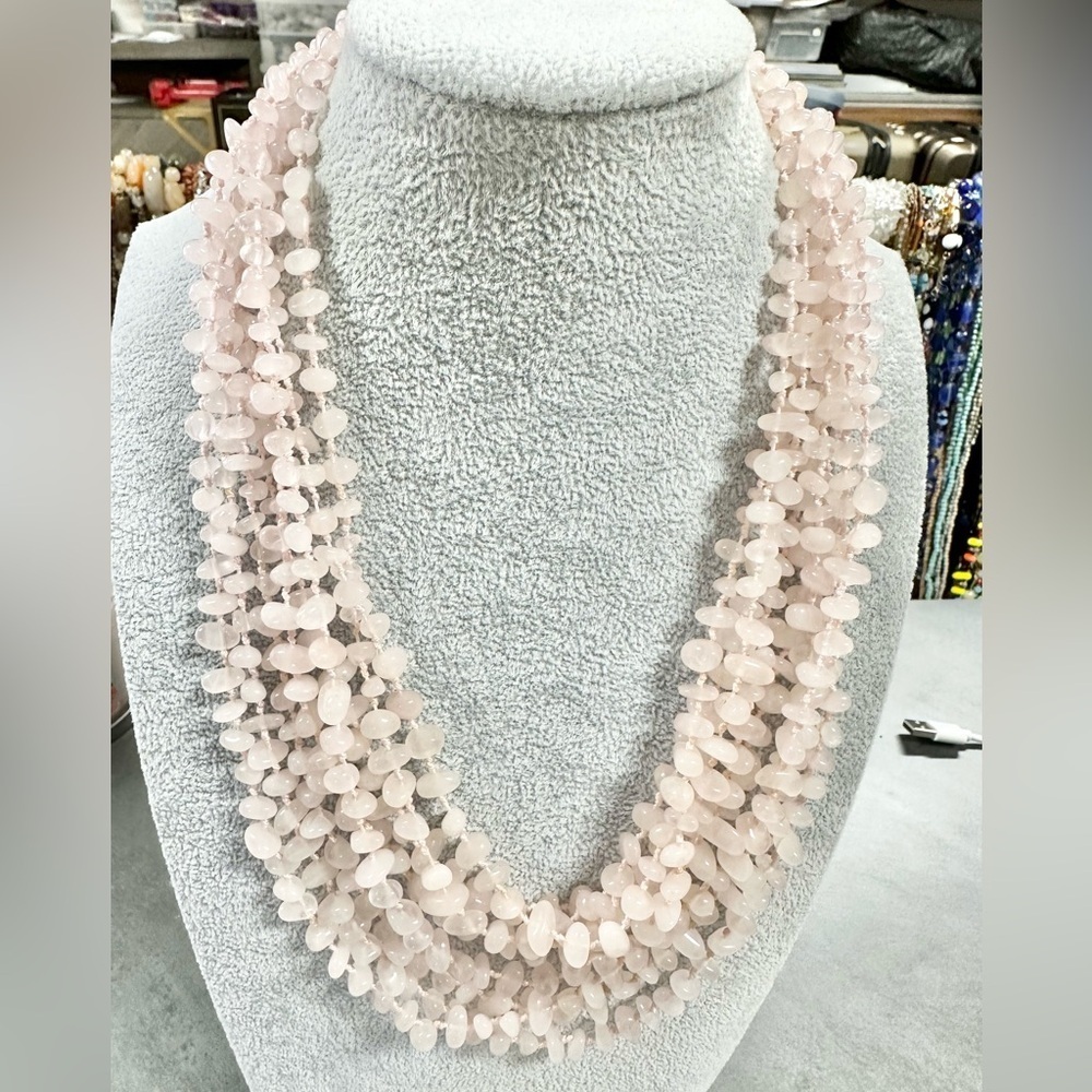 Vintage Multi Strand Rose Quartz Necklace Hand knotted Beaded Statement Spring